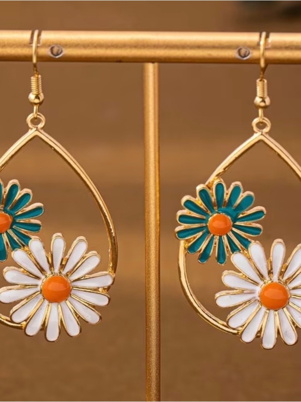 Gold Teardrop Floral Dangle Earrings with White and Teal Petals